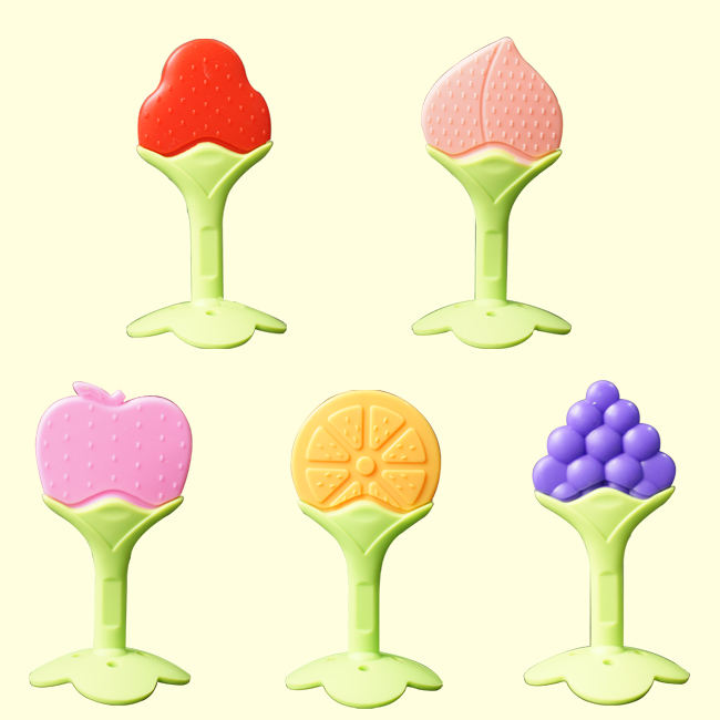 Unisex Hands-Free BPA-Free Baby Silicone Fruit Shaped Teether Easy-to-Hold Soft Toy in Strawberry Design