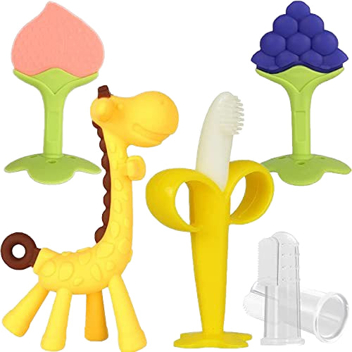 Unisex Hands-Free BPA-Free Baby Silicone Fruit Shaped Teether Easy-to-Hold Soft Toy in Strawberry Design