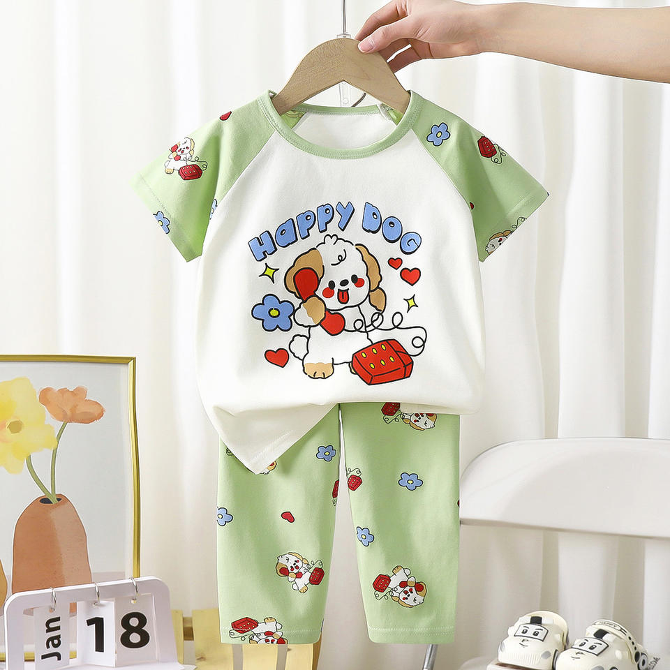 Children's Short-sleeved Suit 2025 Summer New Pure Cotton Boys' Pajamas Girls' Baby Air-conditioning  Summer Children's Clothing