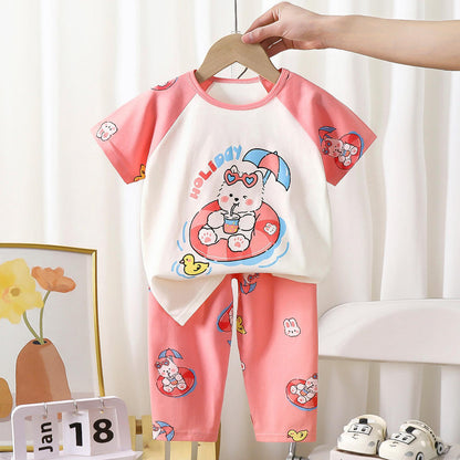 Children's Short-sleeved Suit 2025 Summer New Pure Cotton Boys' Pajamas Girls' Baby Air-conditioning  Summer Children's Clothing