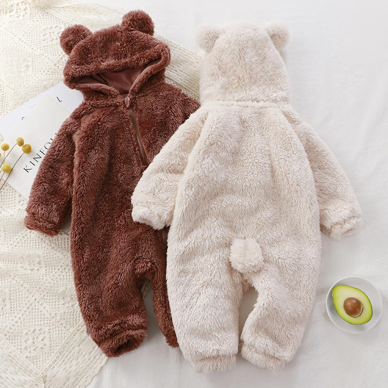 Winter Warm Baby Romper Coral Fleece Hooded Boys Girls Newborn Infant Jumpsuit Clothes Soft Pajama Overalls