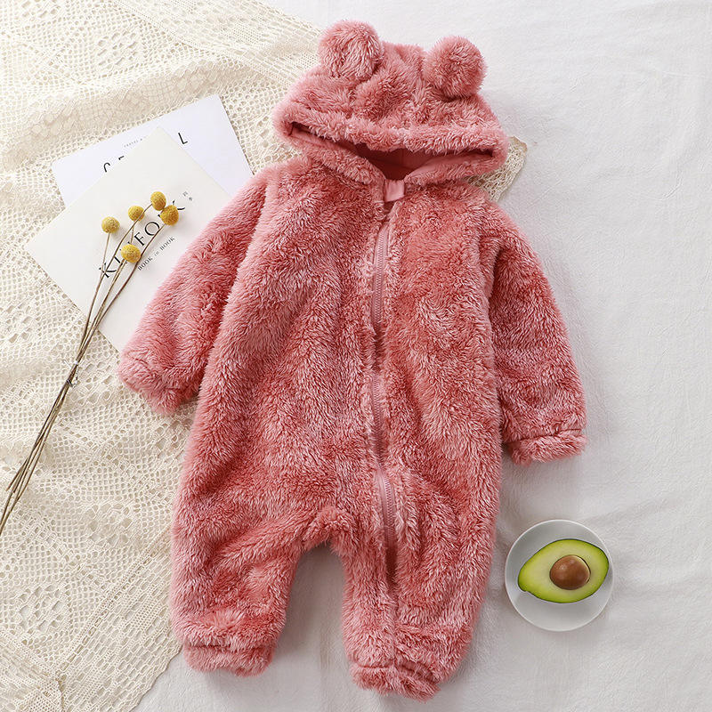 Winter Warm Baby Romper Coral Fleece Hooded Boys Girls Newborn Infant Jumpsuit Clothes Soft Pajama Overalls