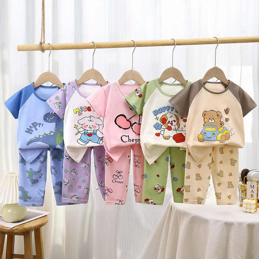 Children's Short-sleeved Suit 2025 Summer New Pure Cotton Boys' Pajamas Girls' Baby Air-conditioning  Summer Children's Clothing