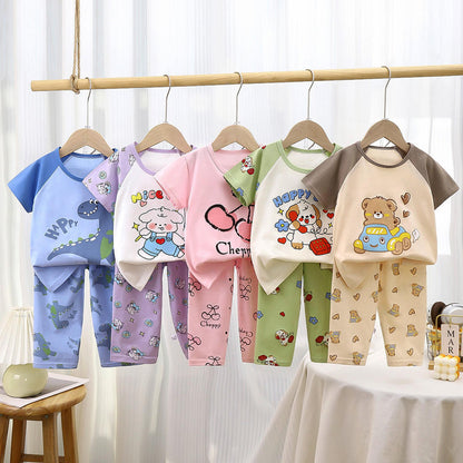 Children's Short-sleeved Suit 2025 Summer New Pure Cotton Boys' Pajamas Girls' Baby Air-conditioning  Summer Children's Clothing