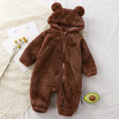 Winter Warm Baby Romper Coral Fleece Hooded Boys Girls Newborn Infant Jumpsuit Clothes Soft Pajama Overalls