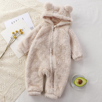 Winter Warm Baby Romper Coral Fleece Hooded Boys Girls Newborn Infant Jumpsuit Clothes Soft Pajama Overalls